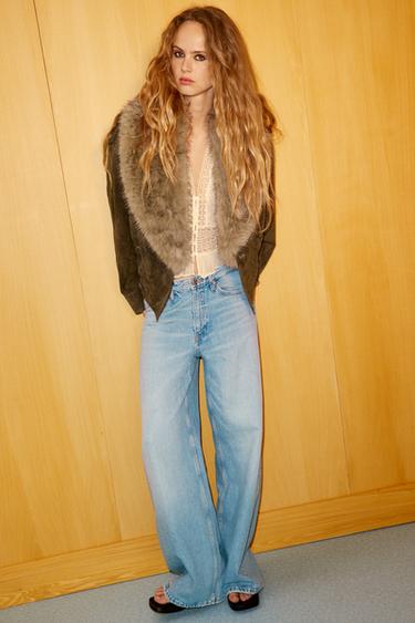 Zara 100% FUR SUEDE LEATHER JACKET - Khaki