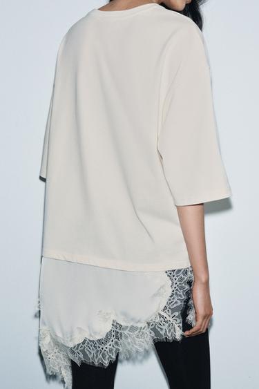 LACE COMBINED T-SHIRT - Ecru by Zara - Image 2