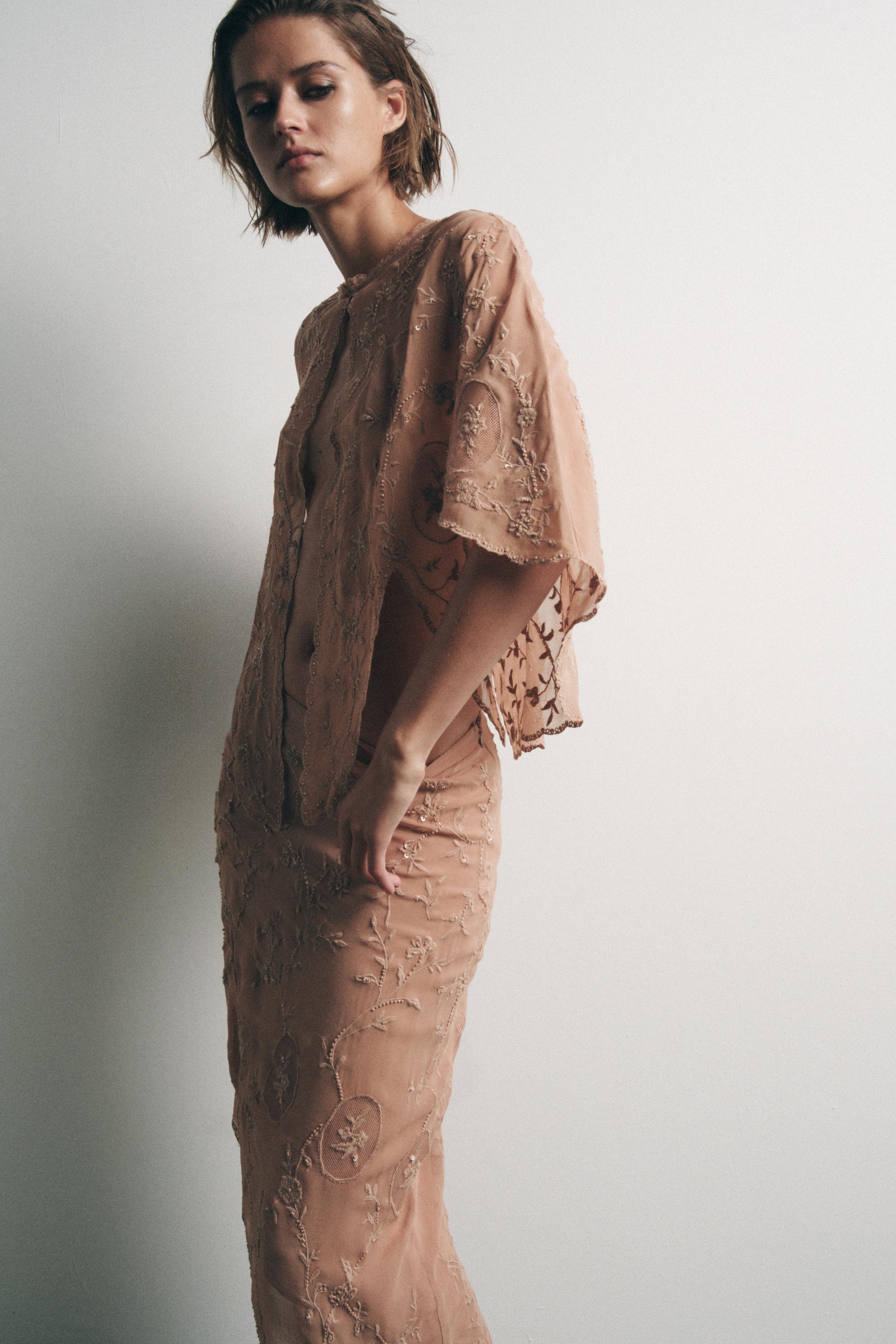 GEORGETTE EMBROIDERED BEADED SKIRT - Pink | ZARA United States