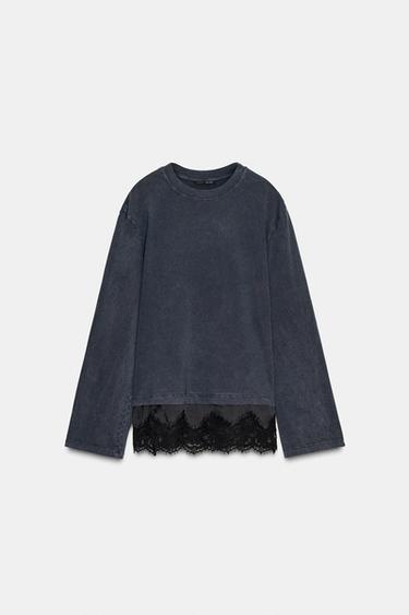レースディテールＴシャツブラックZaraのレースディテールＴシャツ - ブラック 