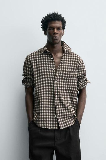 CHECK SHIRT WITH POCKET - Chocolate brown by Zara