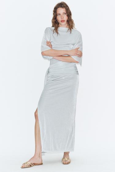 METALLIC THREAD MIDI DRESS WITH SASH - Silver by Zara
