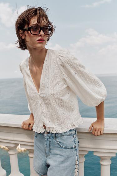BLOUSE WITH CUTWORK EMBROIDERY - Oyster-white by Zara - Image 3