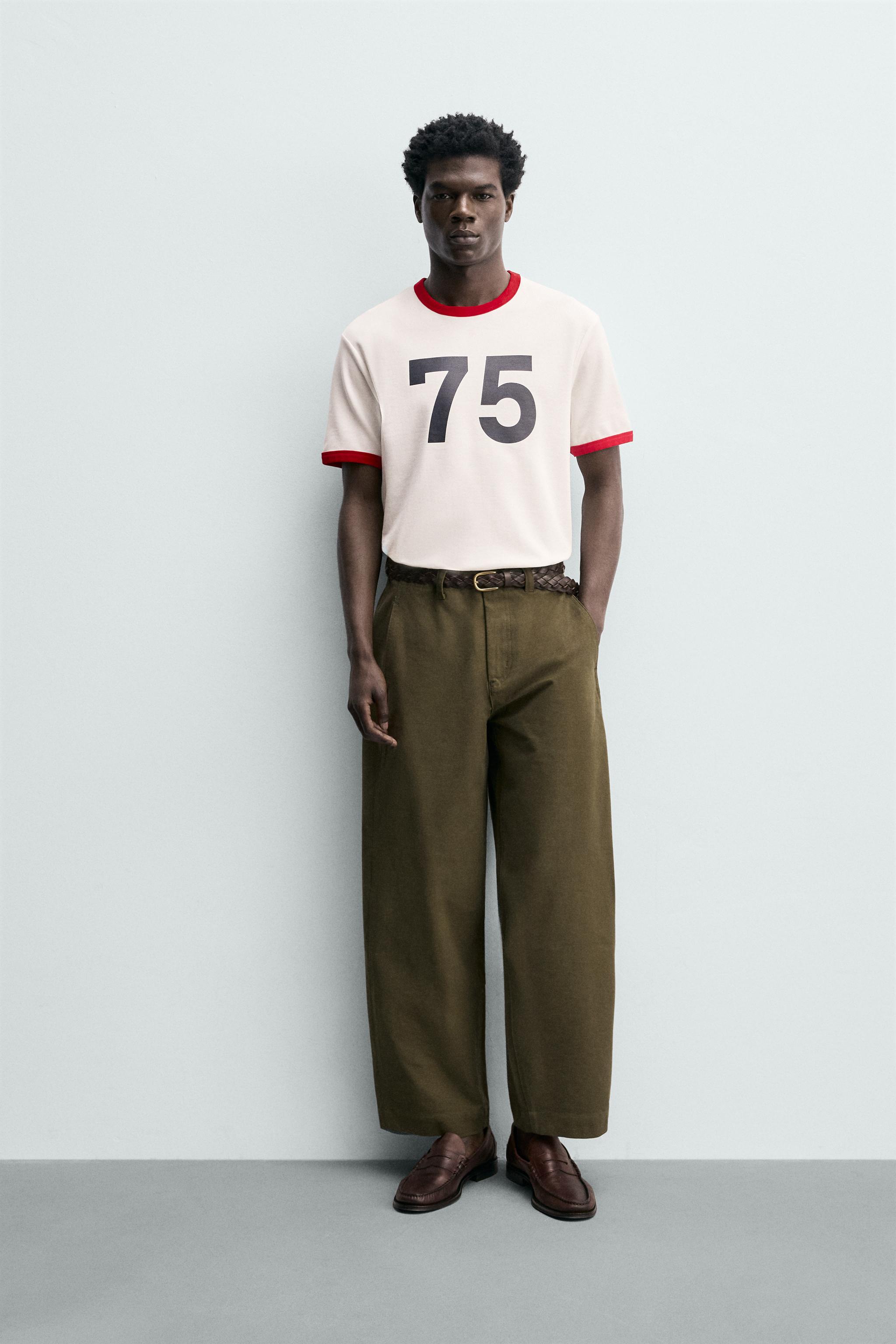 コントラストリブTシャツ - エクリュ/ レッド | ZARA Japan / 日本