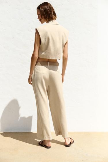 LINEN BLEND CULOTTES WITH BELT - Light beige by Zara - Image 4