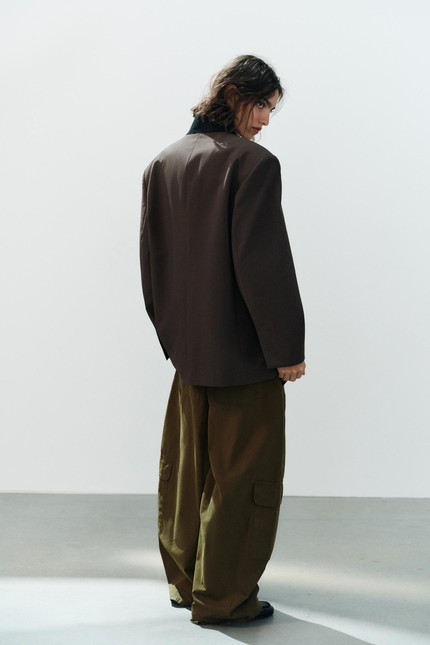 Женский пиджак Zara Contrast Collar Oversized, цвет: Тёмный коричневый — фото 5