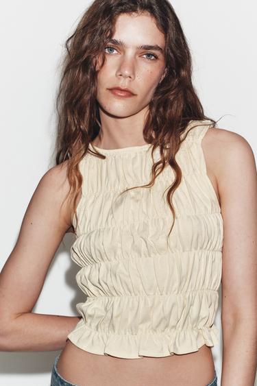 Zara RUCHED TOP - Pastel yellow