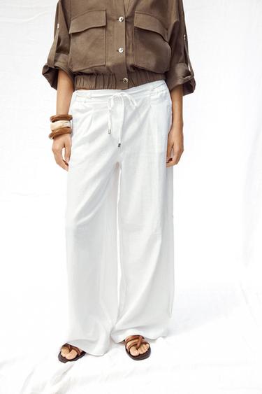 Zara WIDE LEG LINEN PANTS WITH BELT - White