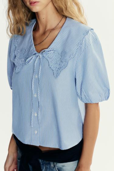 STRIPED EMBROIDERED PETER PAN COLLAR SHIRT - Blue/White by Zara - Image 2