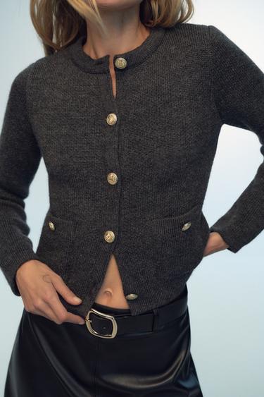 CHAQUETA PUNTO BOTÓN DORADO - Gris medio de Zara