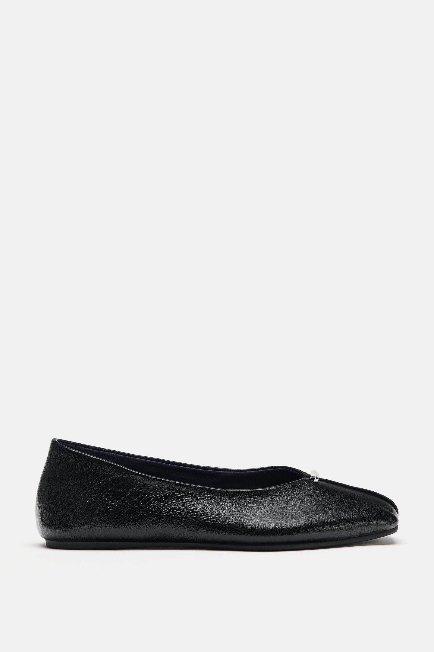 Женские балетки Zara Leather Ballet with Metallic Detail, цвет: Чёрный — фото 2