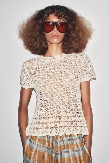 Zara SHORT SLEEVE POINTELLE KNIT TOP - Ecru
