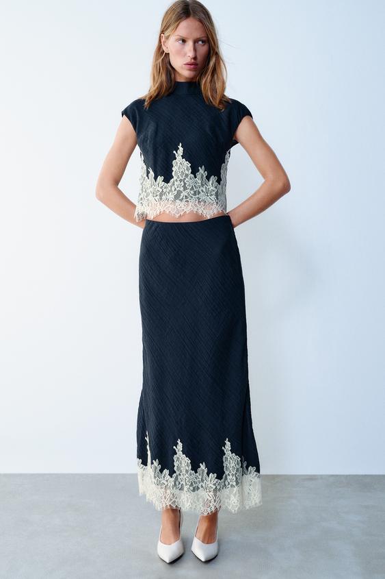 LACE-TRIMMED CROP TOP - Navy / White by Zara - Image 0