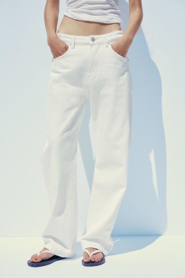 Zara TRF SLOUCHY BELTED MID-RISE JEANS - White