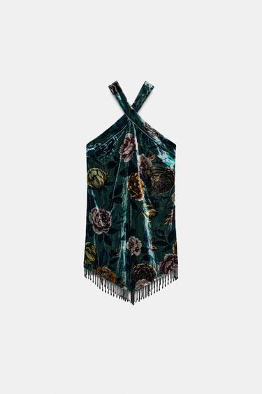 Zara FRINGED VELVET DRESS - Dark green