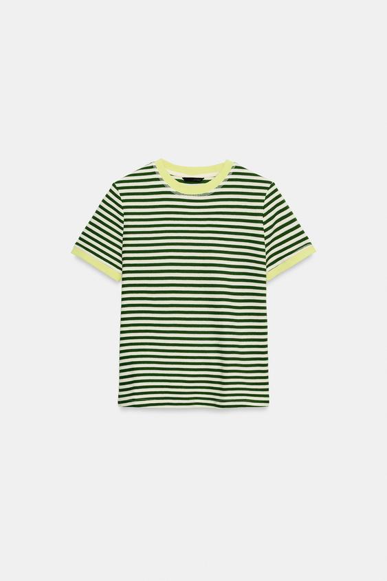 CAMISETA LISTRADA MANGA CURTA - Verde / Cru da Zara - Imagem 0