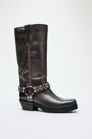 FLAT LEATHER BOOTS WITH APPLIQUÉS - Brown by Zara