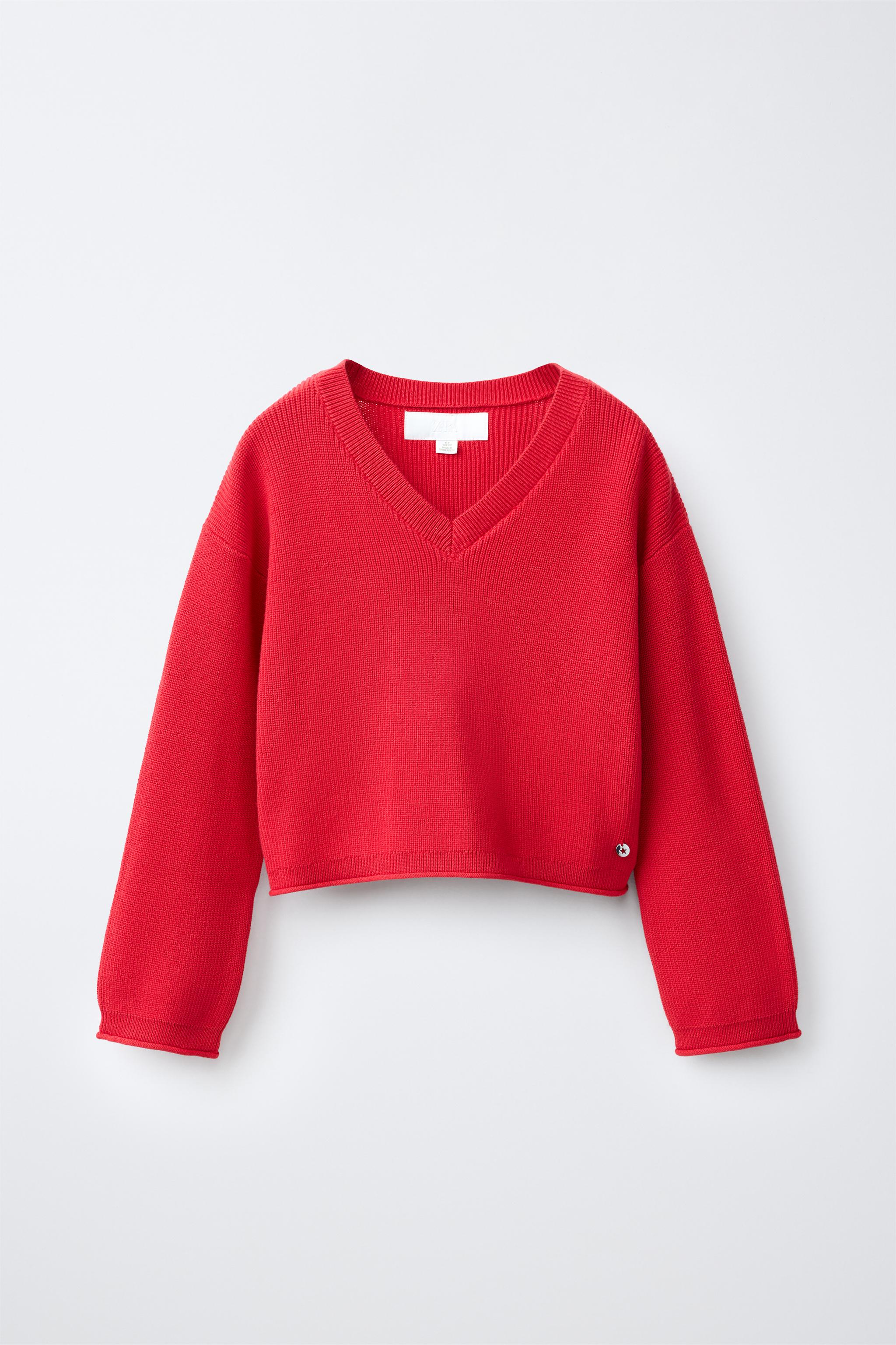 V-NECK KNIT JUMPER — Red