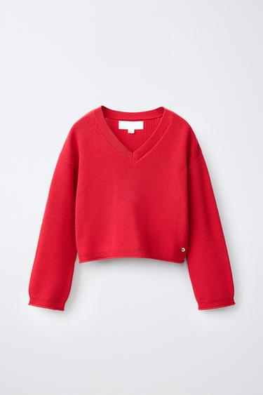 Zara V-NECK KNIT JUMPER - Red