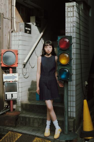 Z1975 미니 플리츠 데님 원피스 - Zara 블루