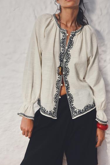 Zara CONTRAST EMBROIDERY SHIRT - Ecru