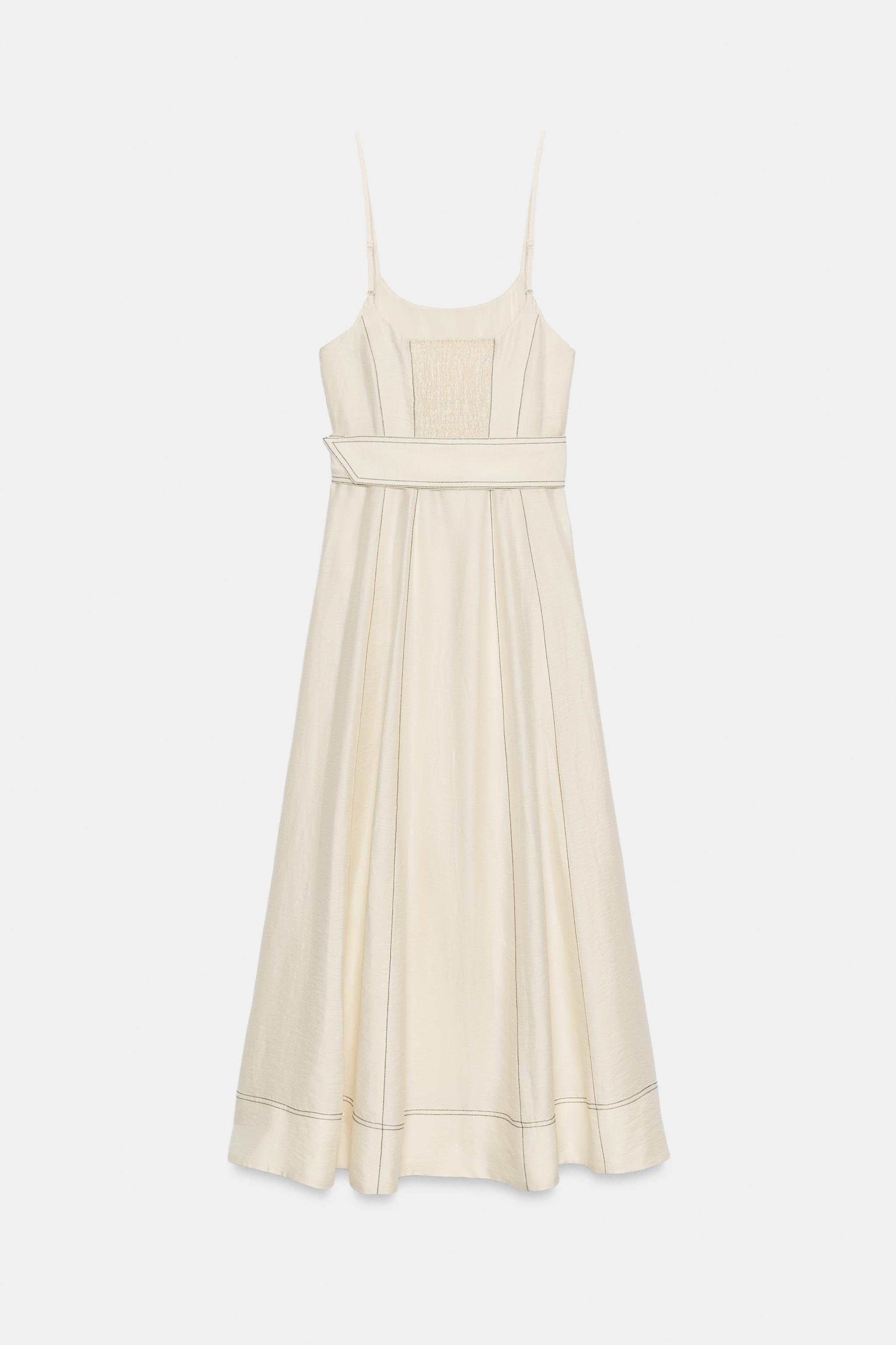 LINEN MIDI DRESS WITH CONTRAST STITCHING AND BELT