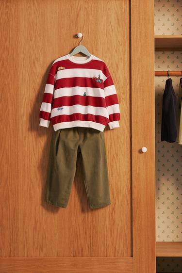 STRIPED EMBROIDERED SWEATSHIRT - Ecru / Red by Zara