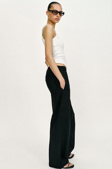 Zara LINEN BLEND STRAIGHT LEG PANTS - Black