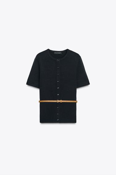 SHORT SLEEVE BELTED CARDIGAN - Navy blue by Zara