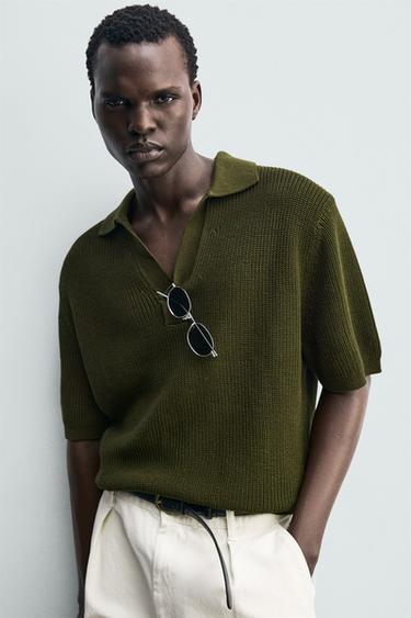 MERCERISED COTTON KNIT POLO SHIRT - Khaki by Zara - Image 4