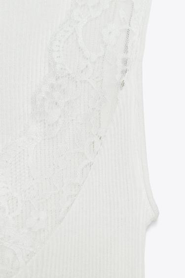 T-SHIRT CÔTELÉ DENTELLE - Blanc cassé de Zara - Image 5
