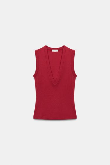 T-SHIRT EN COTON COL EN V - Rouge de Zara - Image 2