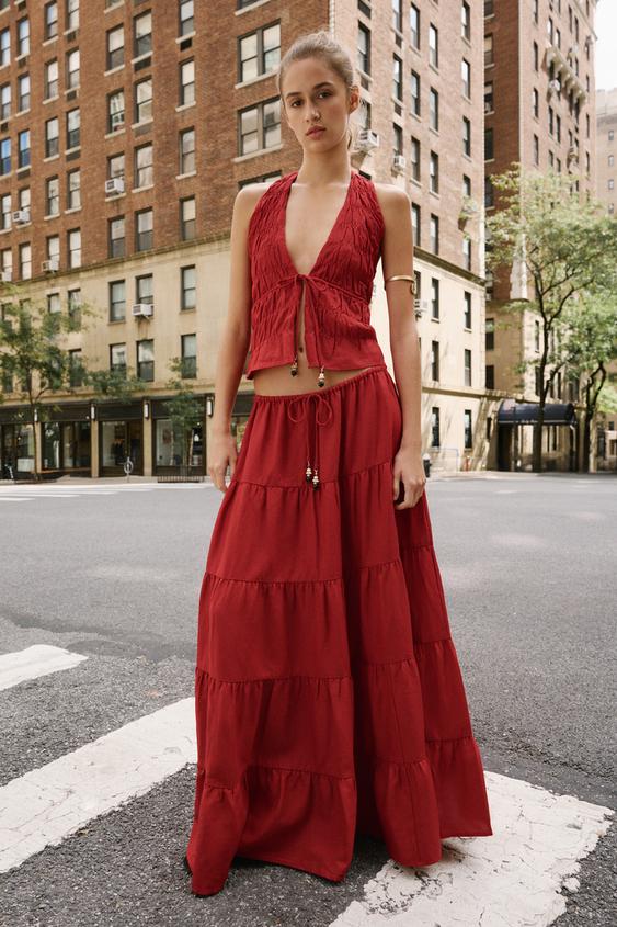 FALDA MIDI FRUNCES CON LINO - Granate de Zara - Imagen 0