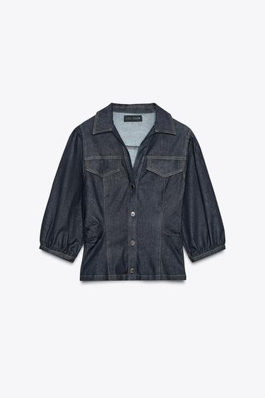 Zara Z1975 合身牛仔泡泡袖襯衫 - 藍色