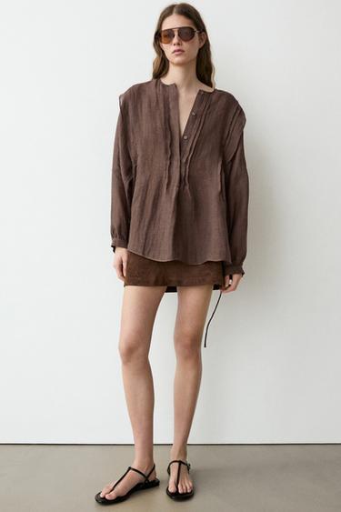 Zara Flowing oversize linen blouse with ruffles - Brown