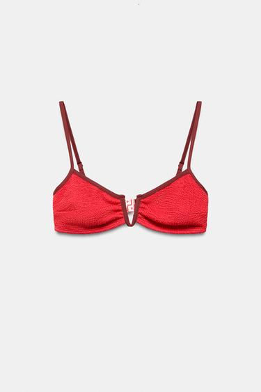 CONTRAST TEXTURED BIKINI TOP - Red by Zara