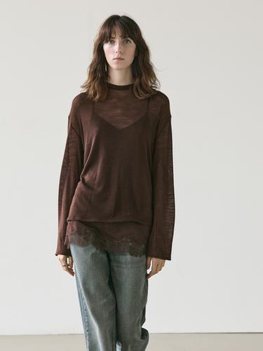 Zara Long sleeve T-shirt with lace detail - Brown - Image 0