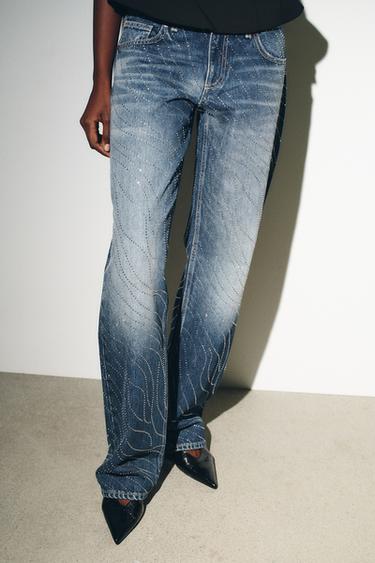 Zara TRF LOW RISE WIDE LEG RHINESTONE JEANS - Blue