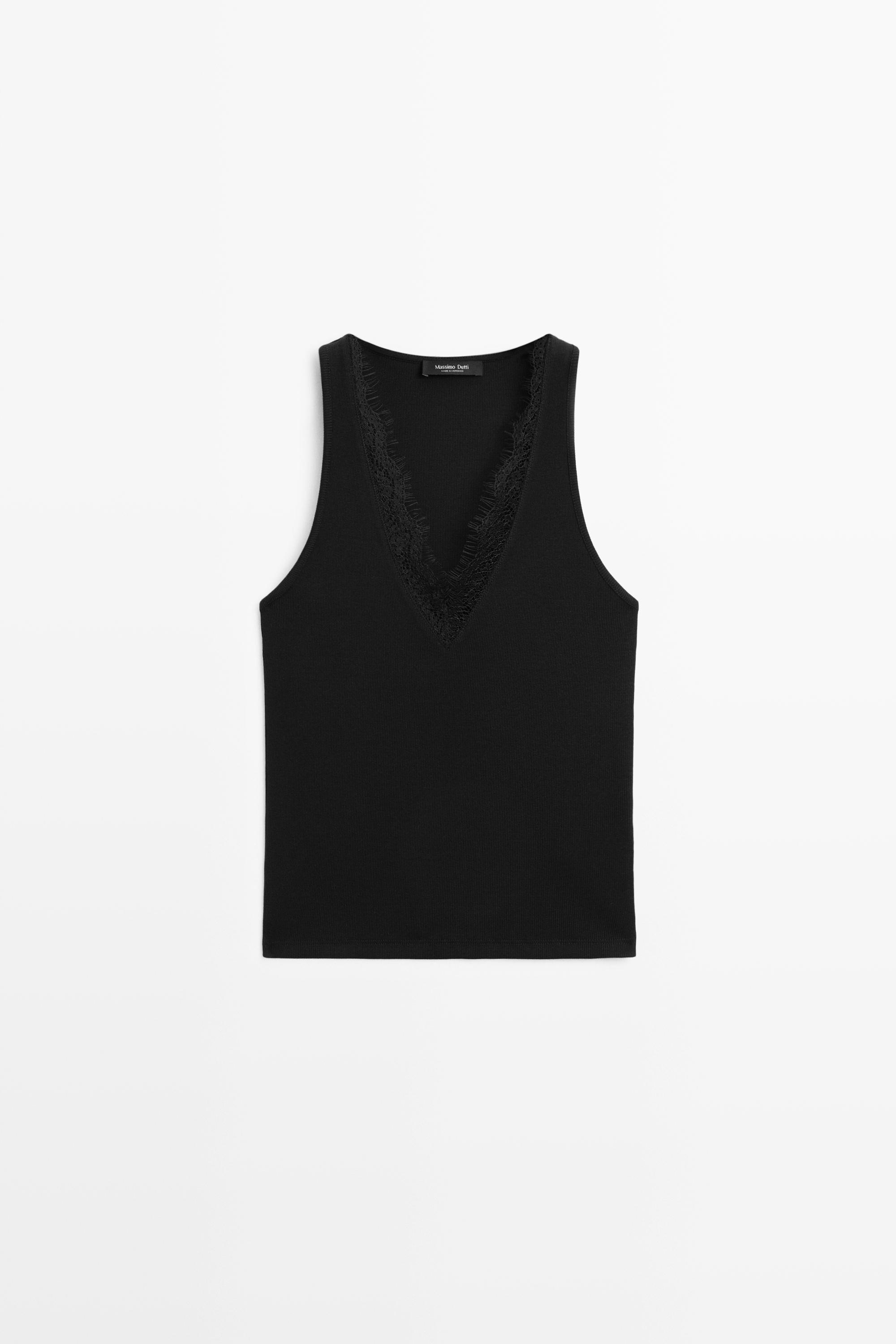 V-neck lace trim camisole top - Black | ZARA United States