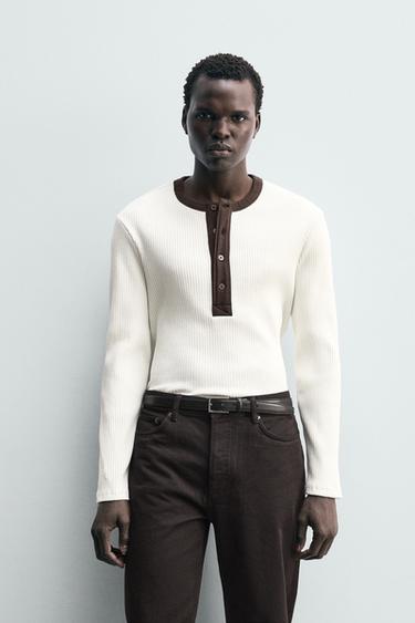 Zara CONTRASTING COLLAR RIBBED T-SHIRT - Oyster-white