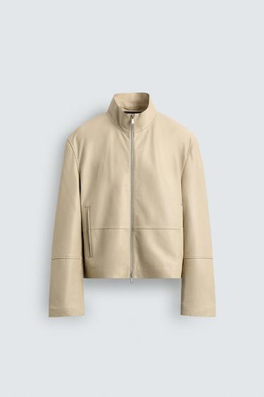 BLOUSON EN CUIR ZIPPÉ - Écru de Zara
