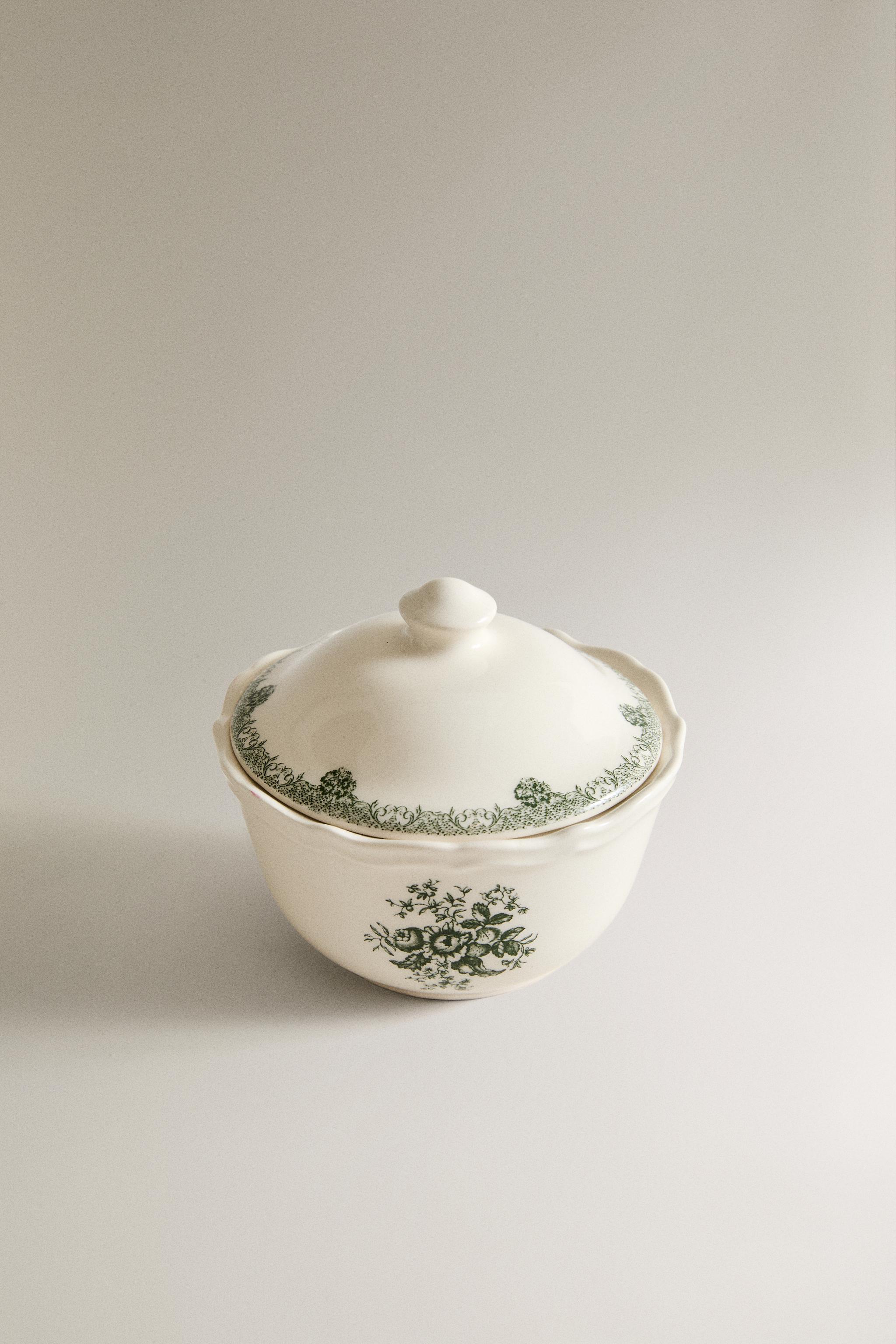 FLORAL EARTHENWARE SUGAR BOWL — Dark olive