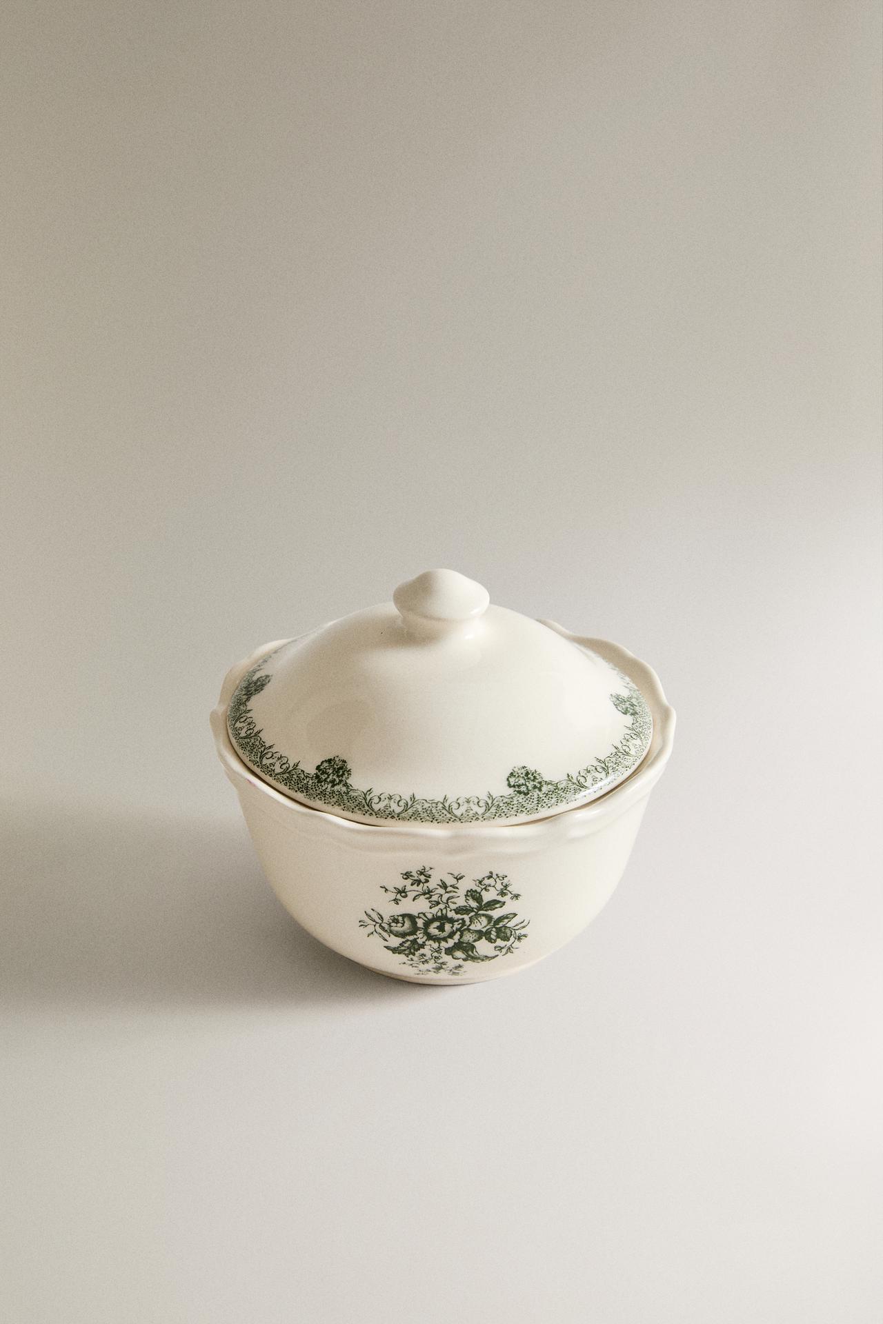 FLORAL EARTHENWARE SUGAR BOWL — Dark olive
