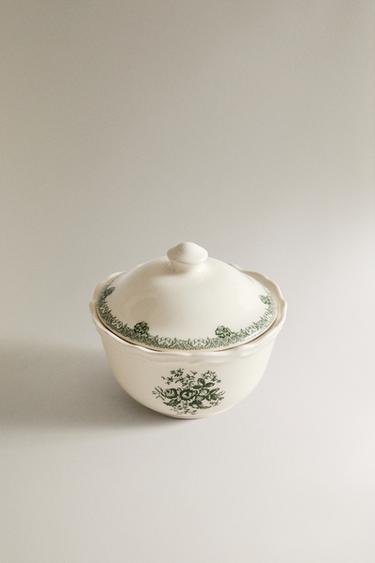 FLORAL EARTHENWARE SUGAR BOWL — Dark olive 2
