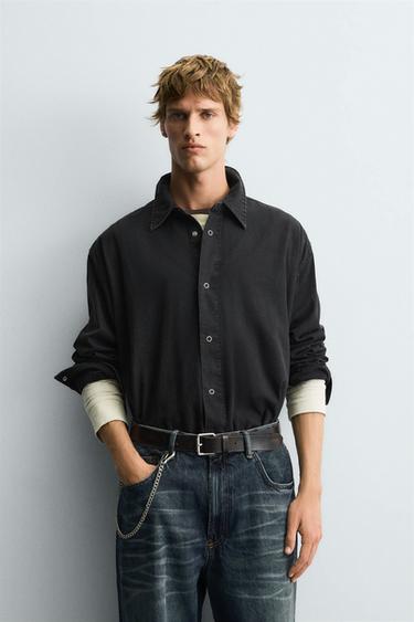 Zara WASHED COTTON SHIRT - Black
