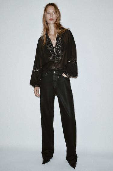 Zara SEMI-SHEER BEADED BLOUSE - Black