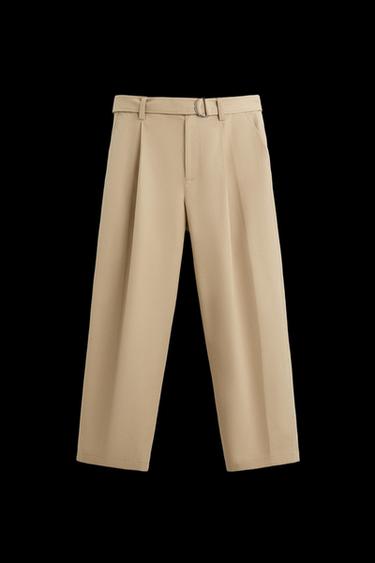 PANTALÓN PLIEGUES CINTURÓN - Tostado de Zara - Imagen 0