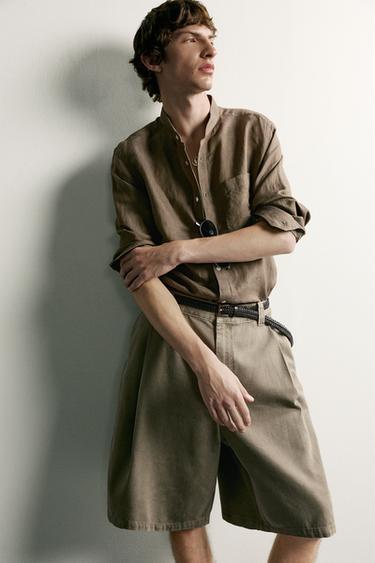 Zara Wide-Leg Pleated Bermuda Shorts - Light khaki