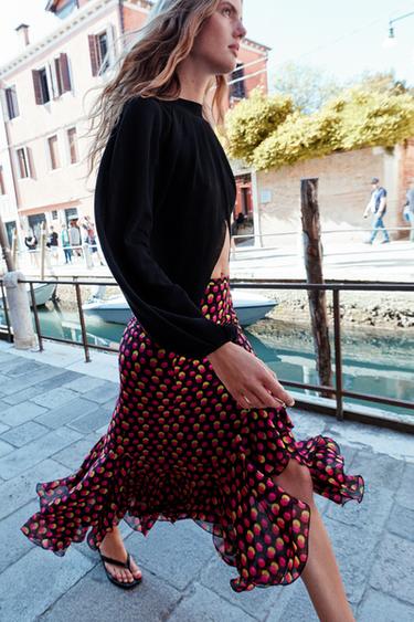 Zara ASYMMETRIC POLKA DOT MIDI SKIRT - Black / Fuchsia