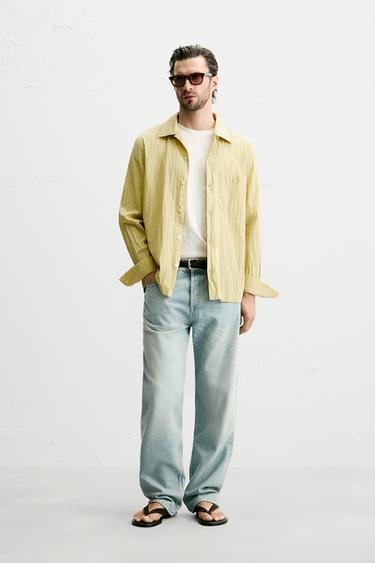 Zara CONTRASTING STRIPED SHIRT - Lime green